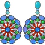 Earrings Miranda Konstantinidou Ethnic Mosaic SS2014, blue, green, white and orange stones and Svarovski