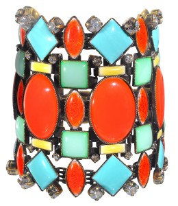 Bangle Miranda Konstantinidou Ethnic Mosaic SS2014, blue, yellow, green and orange stones and Svarovski